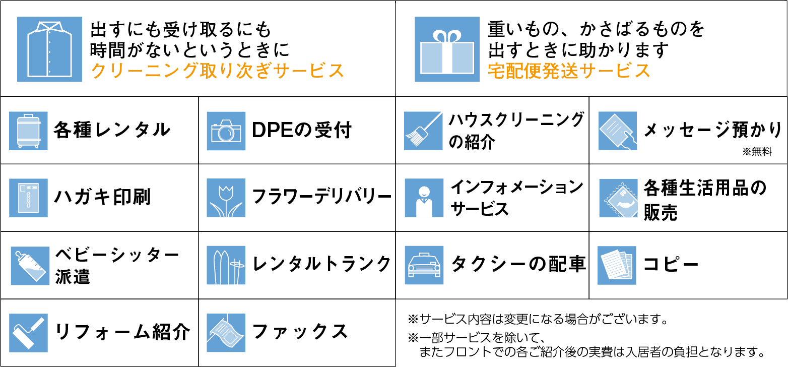 クリーニング取り次ぎサービス・宅急便発送サービス・各種レンタル・DPEの受付・ハウスクリーニングの紹介・メッセージ預かり・ハガキ印刷・フラワーデリバリー・インフォメーションサービス・各種生活用品の販売・ベビーシッター派遣・レンタルトランク・タクシーの配車・コピー・リフォーム紹介・ファックス